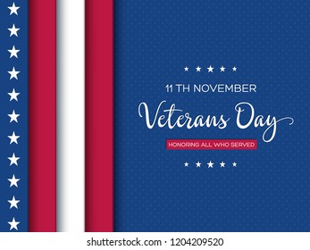 Veterans Day greeting card. 3d layered effect of american flag with greeting text on dotted background. Vector illustration.