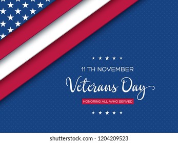 Veterans Day greeting card. 3d layered effect of american flag with greeting text on dotted background. Vector illustration.