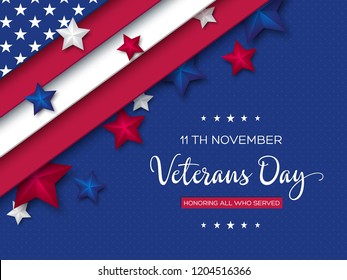 Veterans Day greeting card. 3d stars colors of american flag with greeting text on dotted background. Vector illustration.