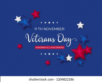 Veterans Day greeting card. 3d stars colors of american flag with greeting text on dotted background. Vector illustration.