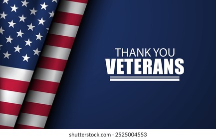 Veterans Day Greeting Card with American flag on blue background. Vector Illustration.