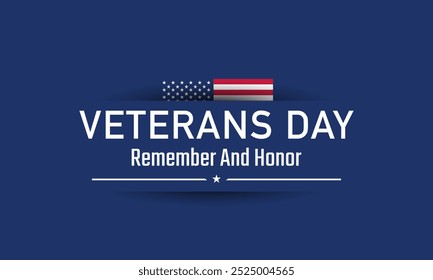 Veterans Day Greeting Card with American flag on blue background. Vector Illustration.