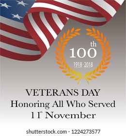 Veterans day greeting card, banner with american flag and golden ribbon. 100th anniversary of celebration. 