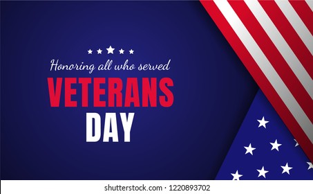 Veterans day greeting card with a blue background and flag. - Vector illustration