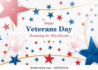 Veterans Day. Greeting card with font inscription on a starry background and balloons in the form of hearts. National American holiday event. Flat vector illustration EPS10.