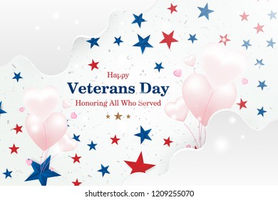 Veterans Day. Greeting card with font inscription on a starry background and balloons in the form of hearts. National American holiday event. Flat vector illustration EPS10.