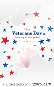 Veterans Day. Greeting card with font inscription on a starry background and balloons in the form of hearts. National American holiday event. Flat vector illustration EPS10.