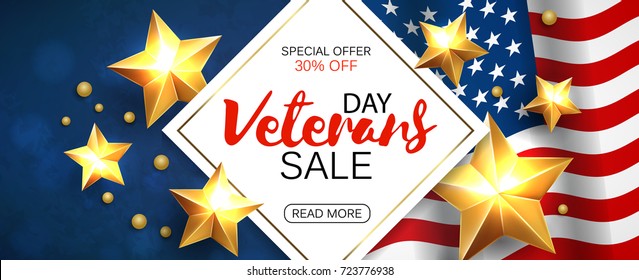 Veterans Day greeting card horizontal banner with golden stars anf flag. Vector