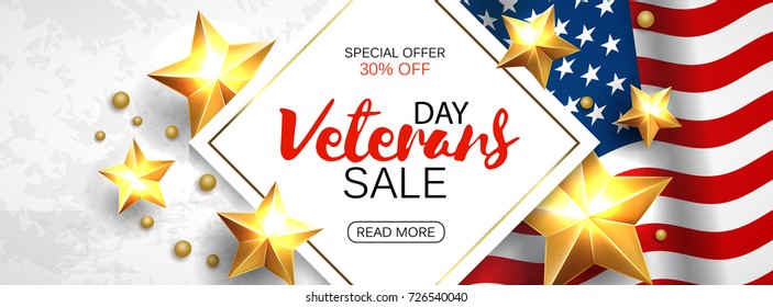 Veterans Day greeting card horizontal banner with golden stars anf flag. Vector