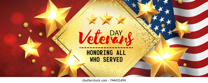 Veterans Day greeting card horizontal banner with golden stars anf flag. Vector 