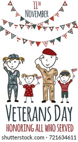 Veterans day greeting card with kids. National american holiday vector illustration with USA patriotic elements. Childrens freehand drawing, festive poster with family. Honoring all who served banner.