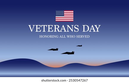 Veterans Day greeting card with silhouette of several fighter planes in the sky on a mountain range at sunrise. Veterans Day Celebration Template Design.