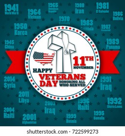 Veterans day greeting card template. National american holiday vector illustration with USA patriotic elements. Honoring all who served festive poster.