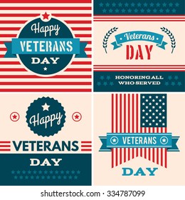 Tarjeta de felicitación del día de los veteranos con diseño tipográfico de estilo vintage. Conjunto de varios objetos gráficos y etiquetas, emblemas, símbolos, iconos y distintivos. Plantillas vectoriales y elementos de diseño.