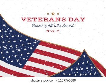 Veterans Day. Greeting card with USA flag on background with texture. National American holiday event. Flat vector illustration EPS10
