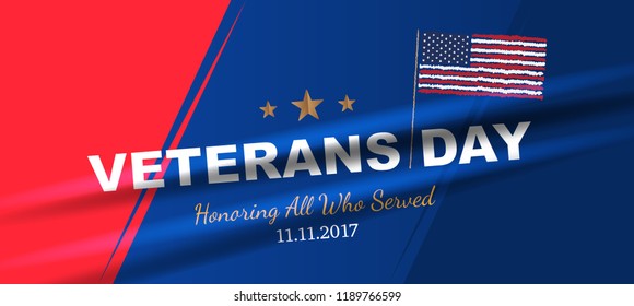 Veterans Day. Greeting card with USA flag on background. National American holiday event. Flat vector illustration EPS10.