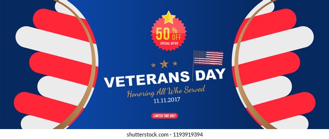 Veterans Day. Greeting card with USA flag on background. National American holiday event with mega sale with sticker 50% off. Flat vector illustration EPS10.