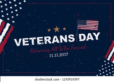 Veterans Day. Greeting card with USA flag on background with texture. National American holiday event. Flat vector illustration EPS10.