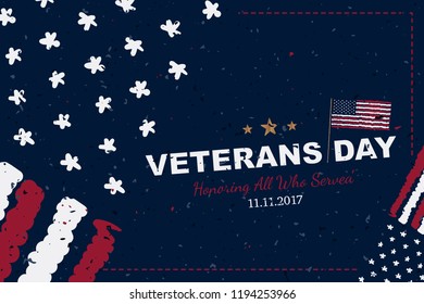 Veterans Day. Greeting card with USA flag on background with texture. National American holiday event. Flat vector illustration EPS10.