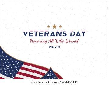Veterans Day. Greeting card with USA flag on background with texture. National American holiday event. Flat vector illustration EPS10.