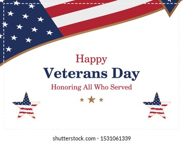 Veterans Day. Greeting card with USA flag and star on background National American holiday event. Flat vector illustration EPS10