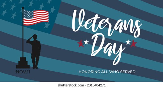 Automóviles de saludo del Día de los Veteranos, banner, afiche, diseño de pancartas. Felicitaciones por el día de los veteranos en los Estados Unidos de América. Silueta de soldado en la cinta de la bandera de Estados Unidos. Ilustración vectorial.