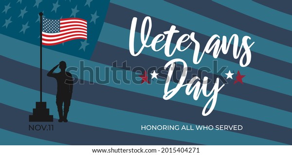 Veterans Day\
greeting cars, banner, poster, placard design. Congratulations\
veteran\'s day in the United States of America. Soldier silhouette\
on USA flag ribbon. Vector\
illustration.