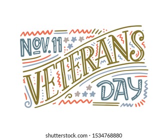 Veterans day. Hand lettering greeting card with textured handcrafted letters and background in retro style. Hand-drawn vintage typography illustration
