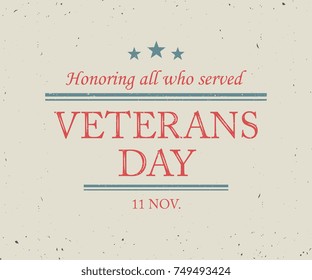 Veterans Day hand lettering. Handmade calligraphy vector illustration. Happy Veterans Day  design in vintage style.