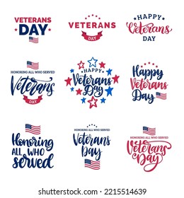 Veterans Day, hand lettering in vector. Calligraphy illustration set, November 11 holiday background. Honoring All Who Served, poster and greeting card collection with USA flag.