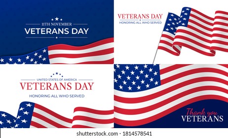 Veterans day. Happy veterans day celebration november 11 honoring heroes who served. Usa flag and lettering patriotic holiday vector posters. Usa veteran day, respect and pride illustration