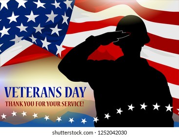 Veteran's day holiday banner. Solder silhouette, American flag fragment and text block. Template for printing cards.