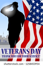 Veteran's day holiday banner. Solder silhouette, American flag fragment and text block.