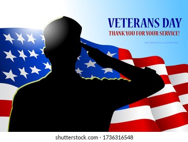 Veteran's day holiday banner. Solder silhouette, American flag fragment and text block.