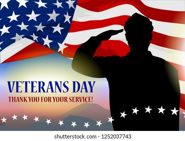 Veteran's day holiday banner. Soldier silhouette, American flag fragment and text block. Template for printing cards