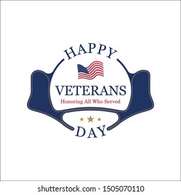 Veterans Day. Honoring all who served. Emblem with American flag and congratulation on white background. National American holiday event. Flat vector illustration EPS10