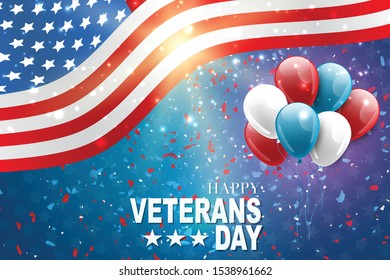 Veterans Day. Honoring all who served. American flag cover. USA National holiday design concept. A bunch of blue and red balloons and falling celebration confetti. Vector illustration.