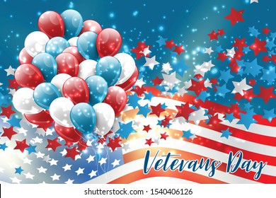 Veterans Day. Honoring all who served. American flag cover. USA National holiday design concept. A bunch of blue and red balloons and falling celebration confetti. Vector illustration.