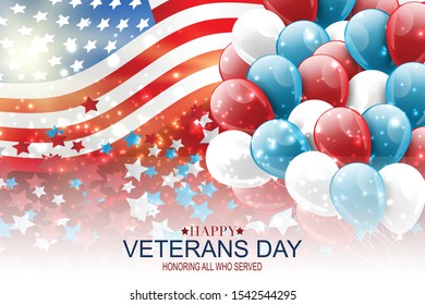 Veterans Day. Honoring all who served. American flag cover. USA National holiday design concept. A bunch of blue and red balloons and falling celebration confetti. Vector illustration.