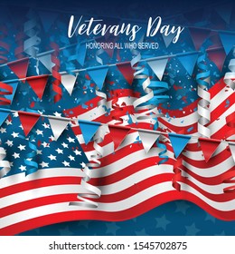 Veterans Day. Honoring all who served. USA banner or poster background with stars. National holiday design concept. Red and blue bunch of balloons, bunting, falling ringlets and confetti. 