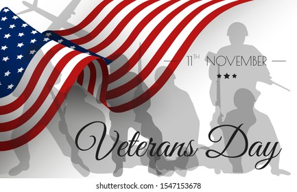 Veterans day. Honoring all who served. Veteran's day illustration with american flag and soldiers