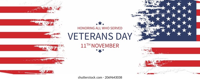 Veterans day Honoring all who served. November 11. Greeting card, banner background.