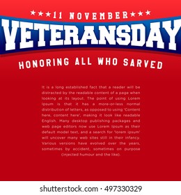 Veterans Day. Honoring all who served. Vector Emblem illustration with text area on red background