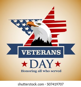 Veterans Day. Honoring all who served. Head eagle on background of the American symbols. Vector colored Image.