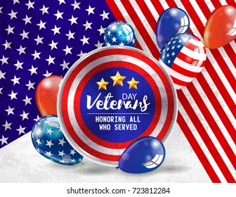 Veterans Day. Honoring all who served. Usa flag colors on background. Balloons