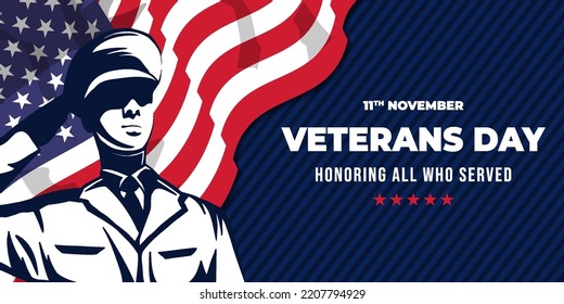 veterans day horizontal banner illustration with a soldier saluting