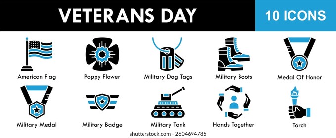 Veterans Day icon collection set. Containing design memorial, flag, patriotism, usa, america