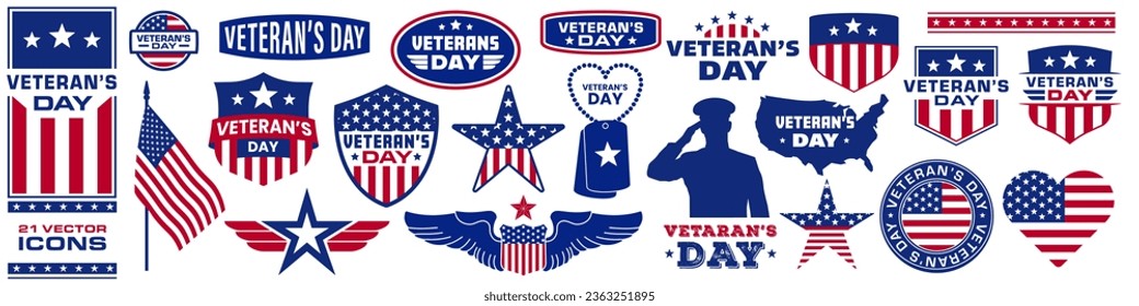 Veterans day icon set. Flat style.