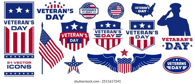 Veterans day icon set. Flat style.