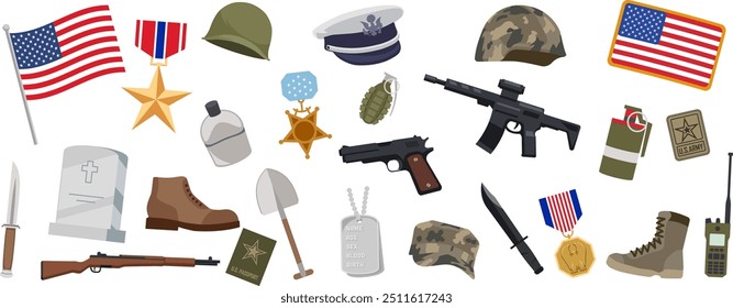Veteran's day icon set. Flat style.